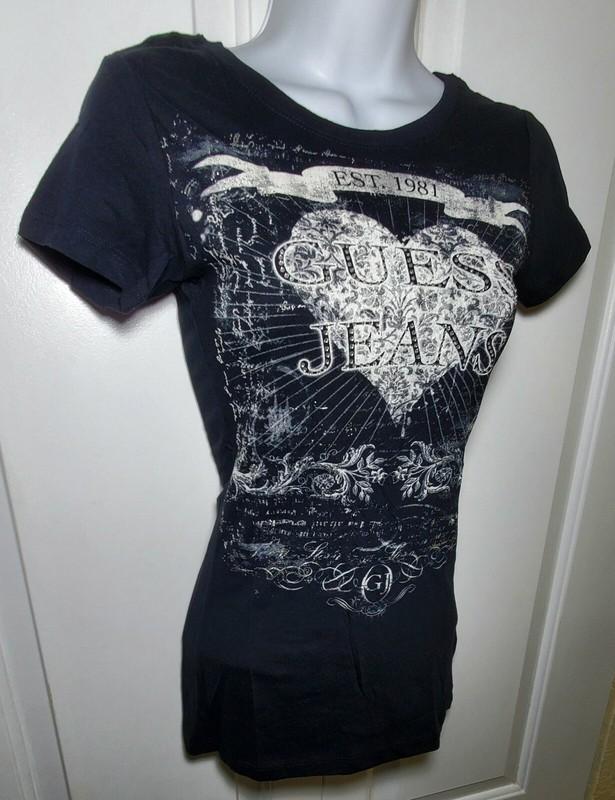 New Guess Jeans Jet Black T-shirt Large L Heart 1981
