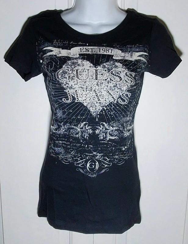 New Guess Jeans Jet Black T-shirt Large L Heart 1981