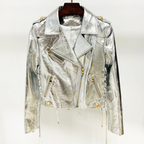 NEW Handmade Party Genuine Silver Jacket Motorcycle Women Lambskin Leather