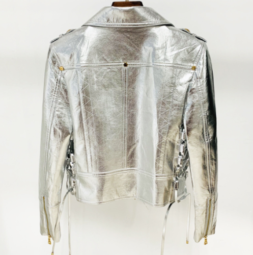 NEW Handmade Party Genuine Silver Jacket Motorcycle Women Lambskin Leather