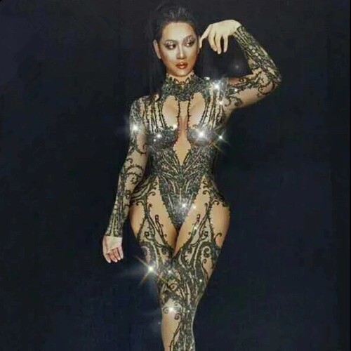NEW Hollow Black Crystals Stretch Jumpsuit Bar Dance Wear Bodysuit Leggings