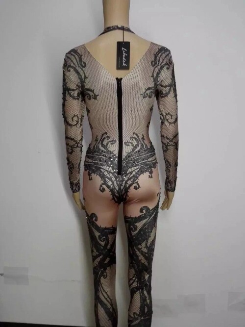 NEW Hollow Black Crystals Stretch Jumpsuit Bar Dance Wear Bodysuit Leggings