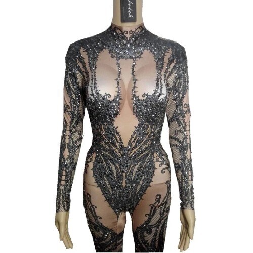 NEW Hollow Black Crystals Stretch Jumpsuit Bar Dance Wear Bodysuit Leggings