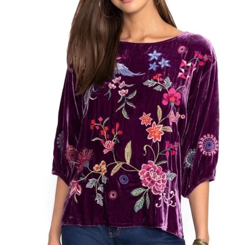 NEW Johnny Was Velvet Boatneck Blouse Floral Bird Embroidery Deep Plum Size XL