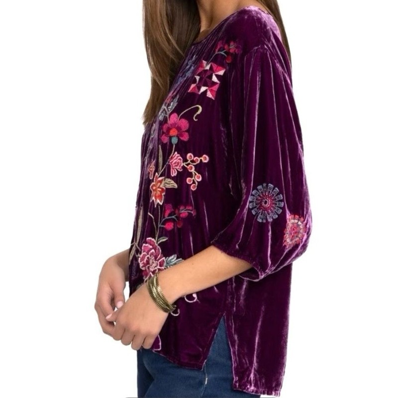 NEW Johnny Was Velvet Boatneck Blouse Floral Bird Embroidery Deep Plum Size XL