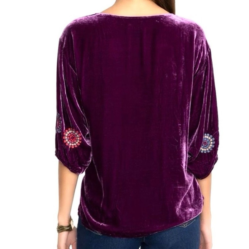 NEW Johnny Was Velvet Boatneck Blouse Floral Bird Embroidery Deep Plum Size XL