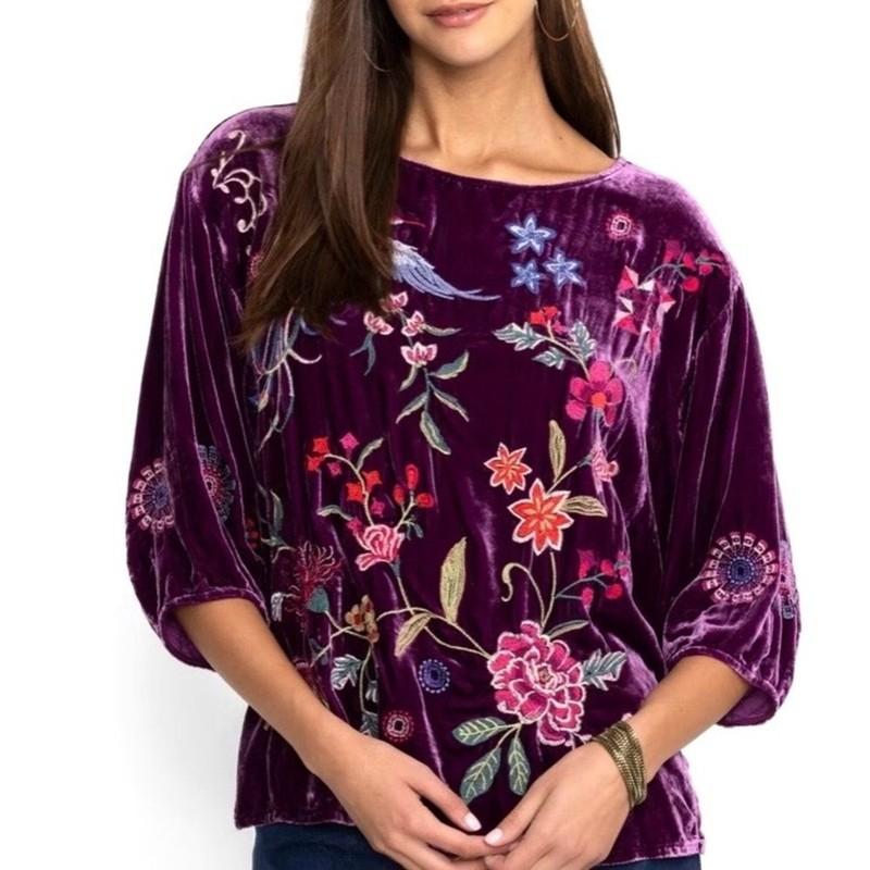 NEW Johnny Was Velvet Boatneck Blouse Floral Bird Embroidery Deep Plum Size XL