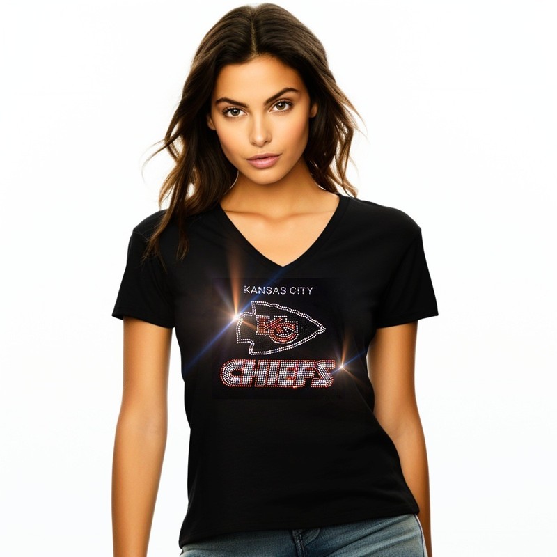 New Kansas City Chiefs Rhinestone Relaxed fit Womens Sizing VNeck T-shirt S - 4X
