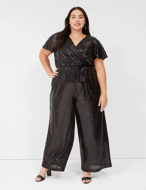 NEW LANE BRYANT BLACK SEQUIN FLUTTER SLEEVE SURPLICE WIDE LEG JUMPSUIT SZ 14/16