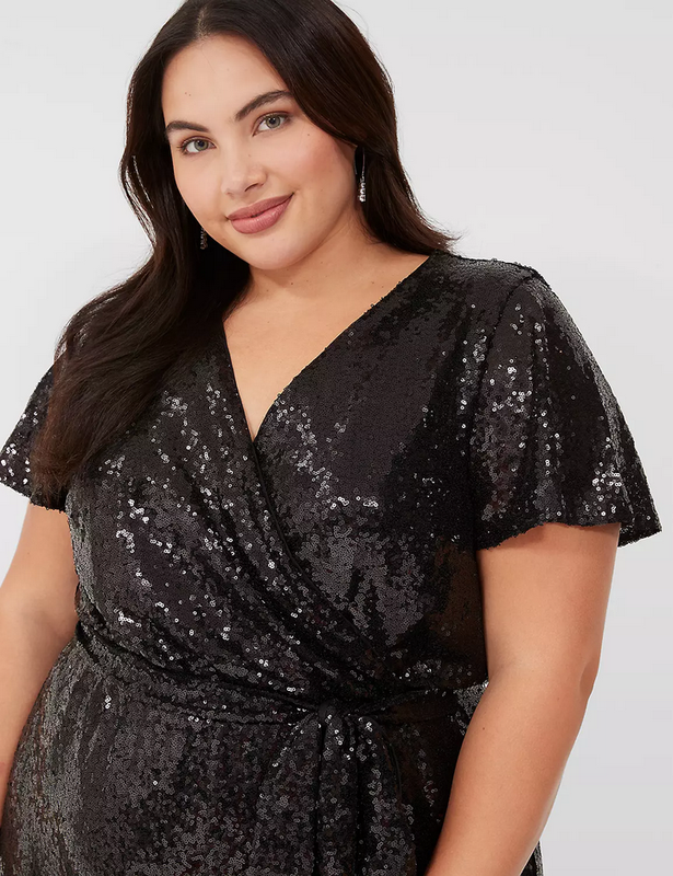 NEW LANE BRYANT BLACK SEQUIN FLUTTER SLEEVE SURPLICE WIDE LEG JUMPSUIT SZ 14/16