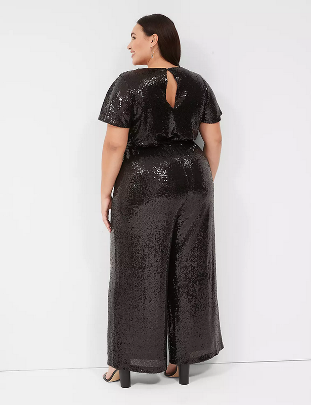NEW LANE BRYANT BLACK SEQUIN FLUTTER SLEEVE SURPLICE WIDE LEG JUMPSUIT SZ 14/16