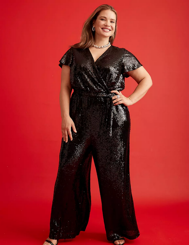 NEW LANE BRYANT BLACK SEQUIN FLUTTER SLEEVE SURPLICE WIDE LEG JUMPSUIT SZ 14/16