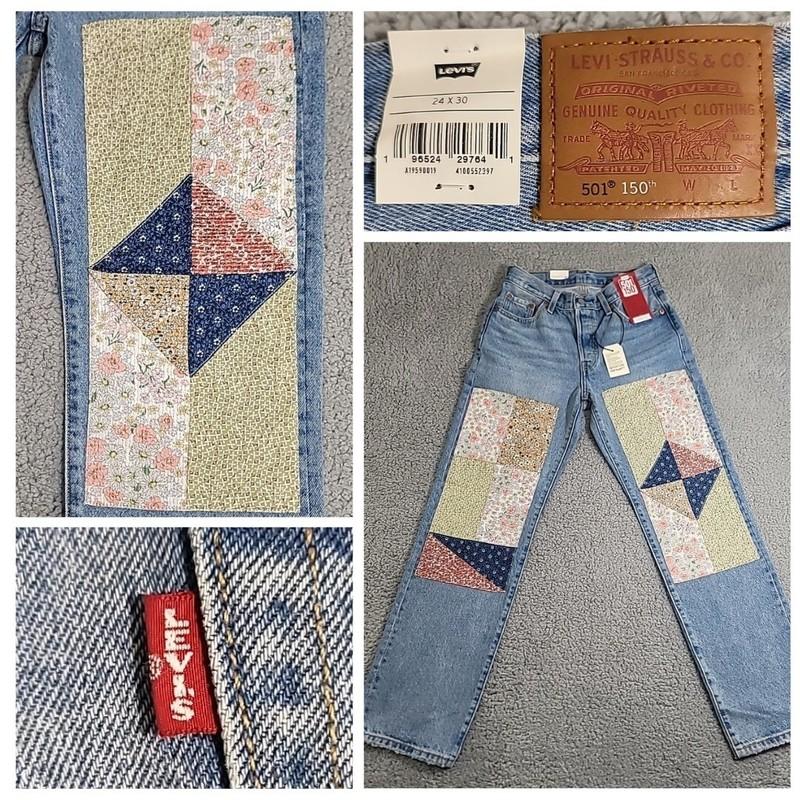 New Levi's 501 Jeans Women's 24x30 150th Anniversary 90s Patchwork Quilt Boho