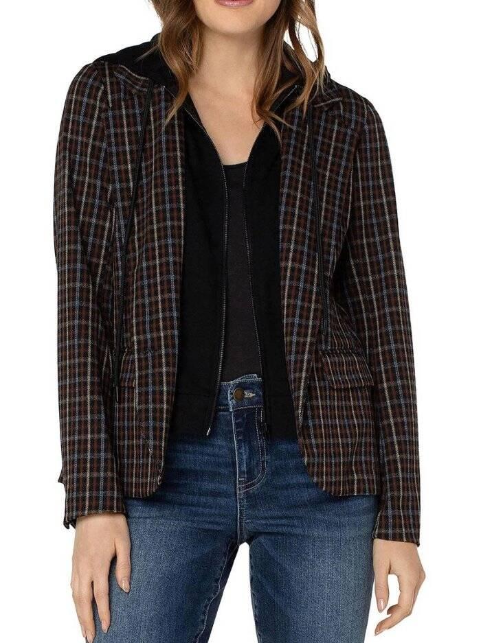 NEW Liverpool Boyfriend Blazer W/ Removable Hood Plaid Brown/Tan/Blue