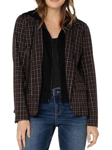 NEW Liverpool Boyfriend Blazer w/ Removable Hood Plaid Brown/Tan/Blue