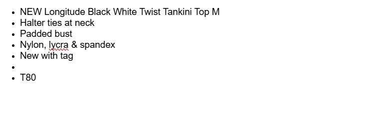 NEW Longitude M Women's Black White Twist Tankini Top Swimsuit