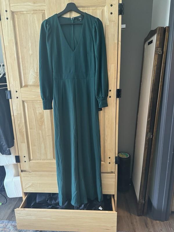NEW Lulus Celebrating Romance Emerald Green Puff sleeve Wide Leg Jumpsuit