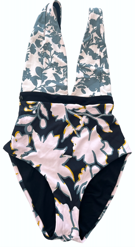 NEW MAAJI REVERSIBLE PLUNGE FLORAL SOLID BLACK TIE ONE PIECE SWIMSUIT SIZE M