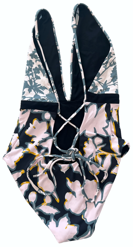 NEW MAAJI REVERSIBLE PLUNGE FLORAL SOLID BLACK TIE ONE PIECE SWIMSUIT SIZE M