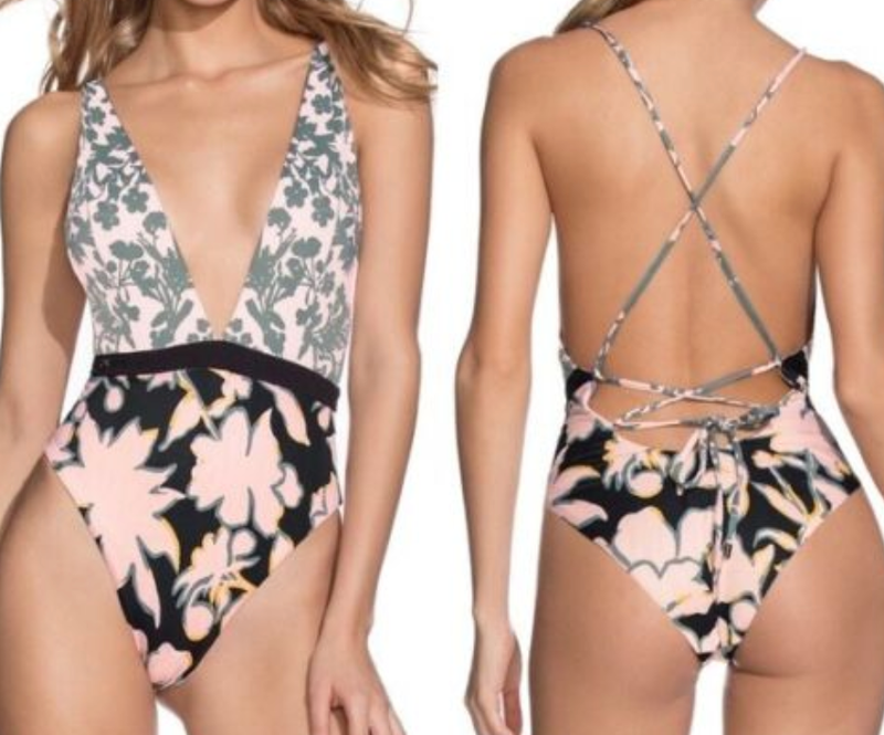 NEW MAAJI REVERSIBLE PLUNGE FLORAL SOLID BLACK TIE ONE PIECE SWIMSUIT SIZE M