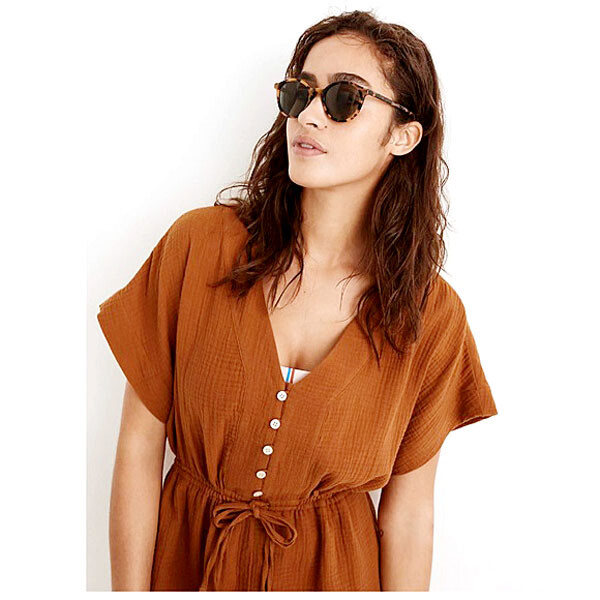 NEW Madewell Women Cassidy V Neck Drawstring Button Front Cotton Romper Rust