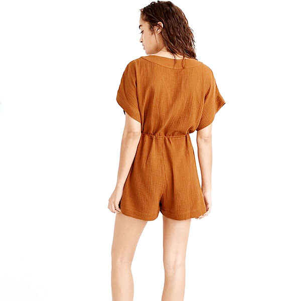 NEW Madewell Women Cassidy V Neck Drawstring Button Front Cotton Romper Rust