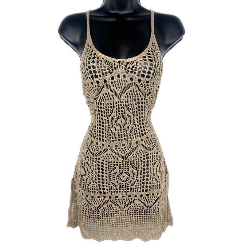 New Medium Khaki Tan Beige Knit Crochet Swimsuit Cover Up Mini Dress Slit Beach