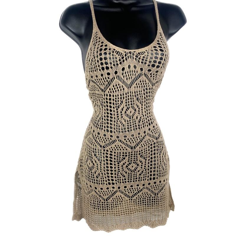 New Medium Khaki Tan Beige Knit Crochet Swimsuit Cover Up Mini Dress Slit Beach