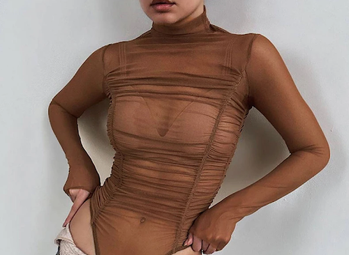 New Mesh See-Through Bodysuit Women Ruched Turtleneck Sheer Basic Sexy Solid