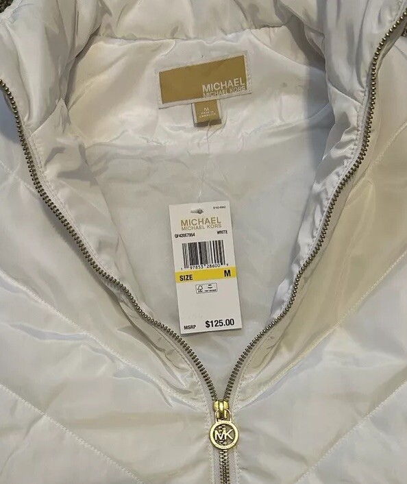 NEW Michael Kors Medium Bright White Puffer Quilted Vest MK Charm Women’s $125