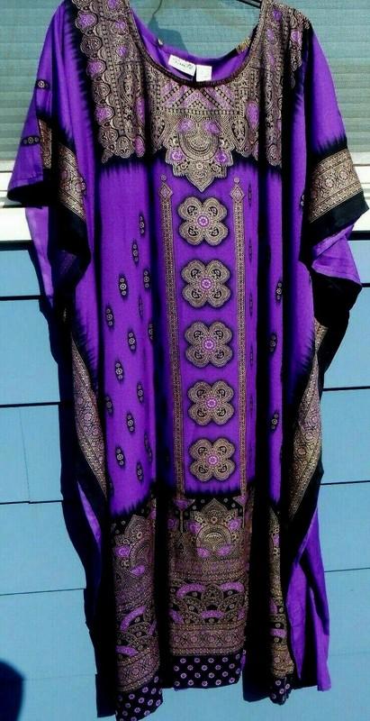 NEW MUMU 2X 3X SANTE KAFTAN CAFTAN HOUSE DRESS DEEP PURPLE BLACK GOLD FLOWER