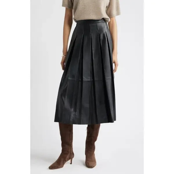 NEW Nordstrom Pleated Leather Skirt in Black Size XL