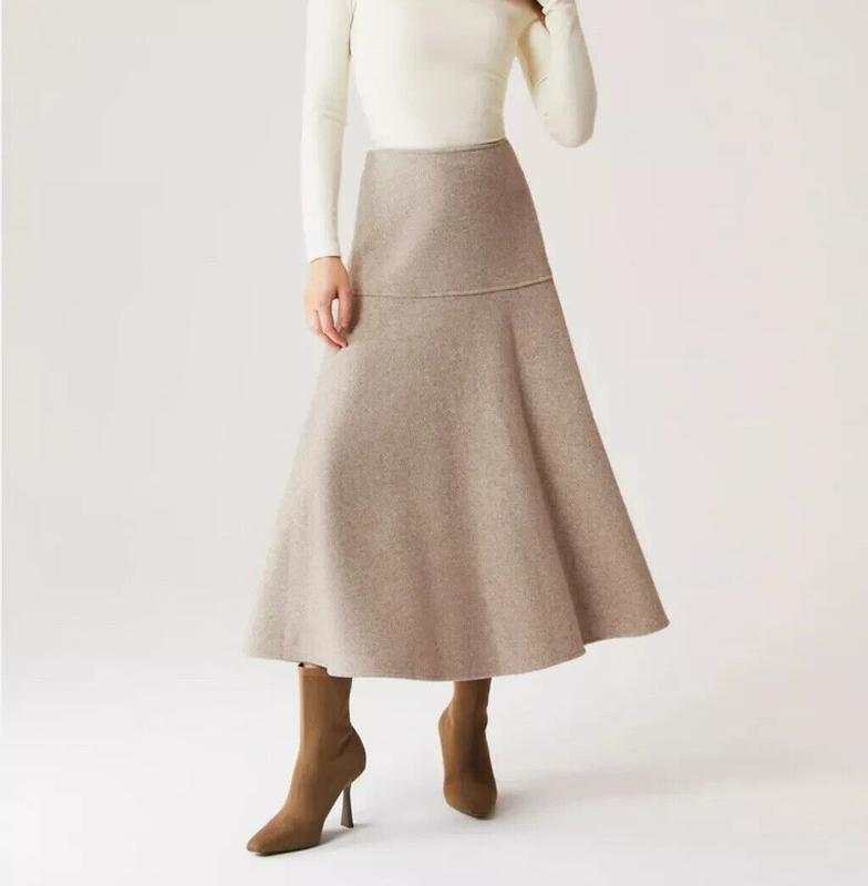NEW OGL CashSoft Wool-like Flared Maxi Skirt HEATHERED BEIGE SIZE M MEDIUM *X