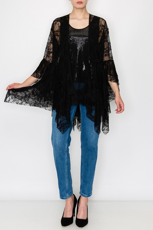 New ORIGAMI All LACE Cardigan BOHEMIAN WESTERN SM-3X KIMONO Black Magnolia