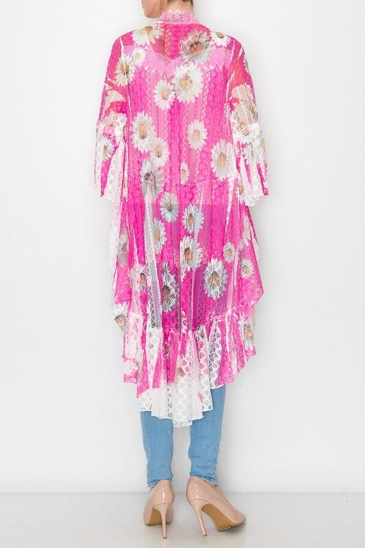 New ORIGAMI Cardigan LACE BOHEMIAN WESTERN DUSTER WRAP SM-4XL KIMONO Daisy Pink
