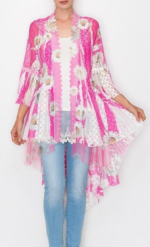 new ORIGAMI cardigan LACE BOHEMIAN WESTERN DUSTER WRAP SM-4XL KIMONO daisy Pink