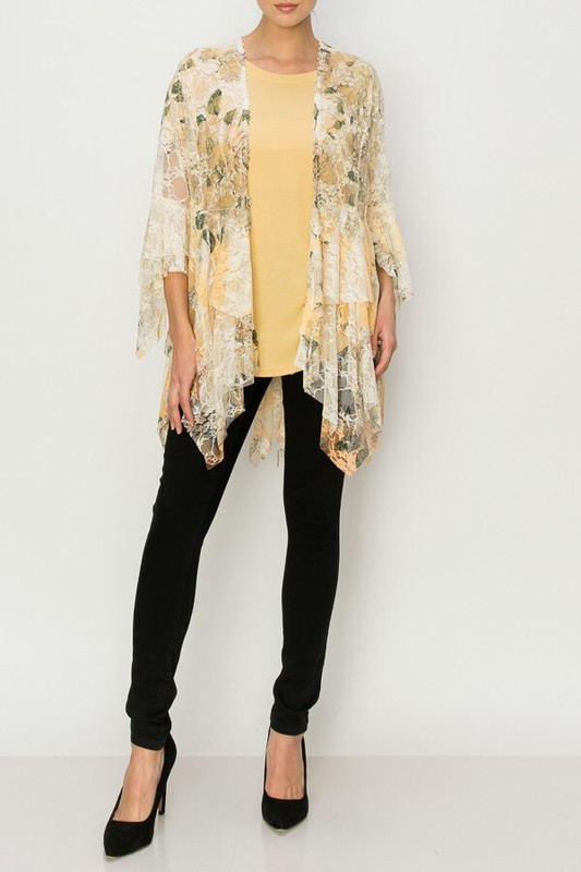 NEW ORIGAMI Cardigan LACE BOHO WESTERN Shark Bite Floral SM-3XL KIMONO Yellow
