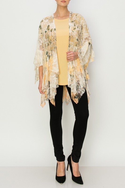 NEW ORIGAMI Cardigan LACE BOHO WESTERN Shark Bite Floral SM-3XL KIMONO Yellow