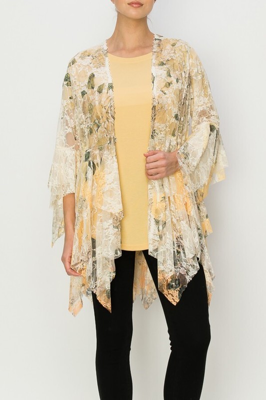 NEW ORIGAMI Cardigan LACE BOHO WESTERN Shark Bite Floral SM-3XL KIMONO Yellow