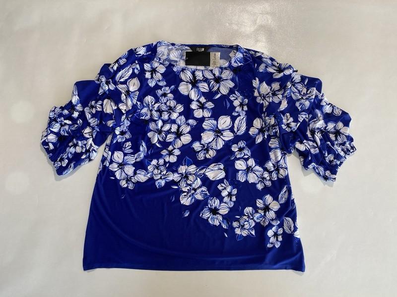 NEW Plus Size 1X Slim Factor Investment 3/4 Tiered Sleeve Blue Floral Top $79