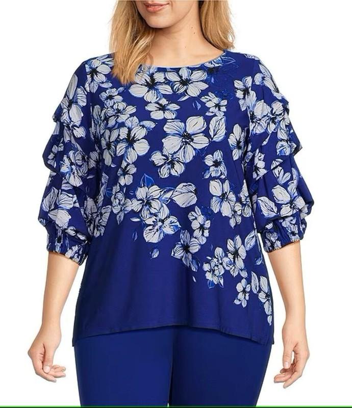 NEW Plus Size 1X Slim Factor Investment 3/4 Tiered Sleeve Blue Floral Top $79