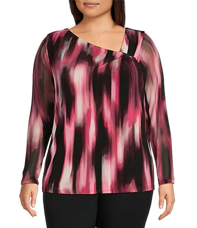 NEW Plus Size 2X Calvin Klein Abstract Scoop Neck SilverPin Sheer Sleeve Blouse