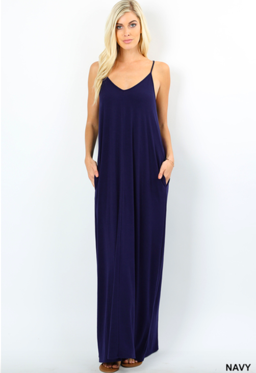 NEW Plus Size V-Neck Cami Maxi Dress W/ Side Pockets Loose Fit- XL/1X-2X-3X