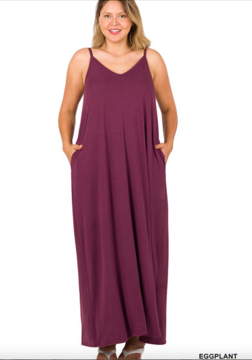 NEW Plus Size V-Neck Cami Maxi Dress W/ Side Pockets Loose Fit- XL/1X-2X-3X