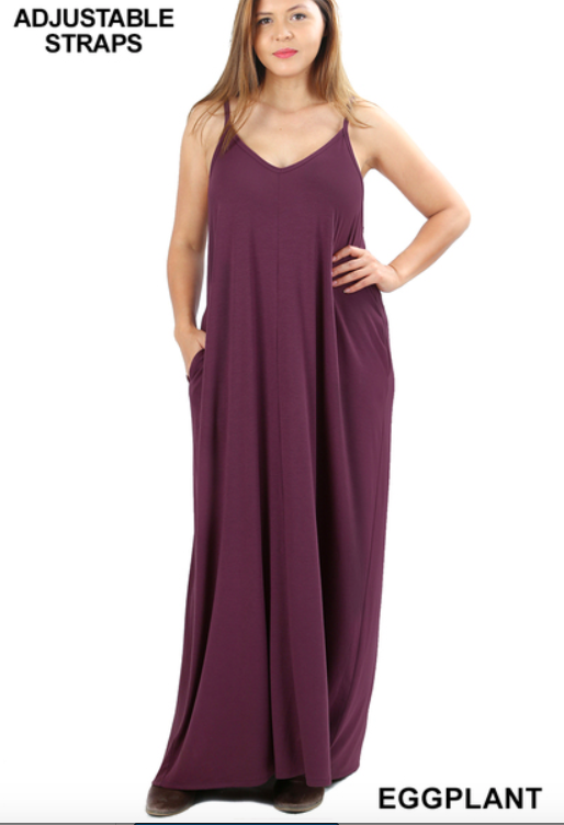 NEW Plus Size V-Neck Cami Maxi Dress W/ Side Pockets Loose Fit- XL/1X-2X-3X