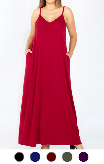 NEW Plus Size V-Neck Cami Maxi Dress w/ Side Pockets Loose Fit- XL/1X-2X-3X