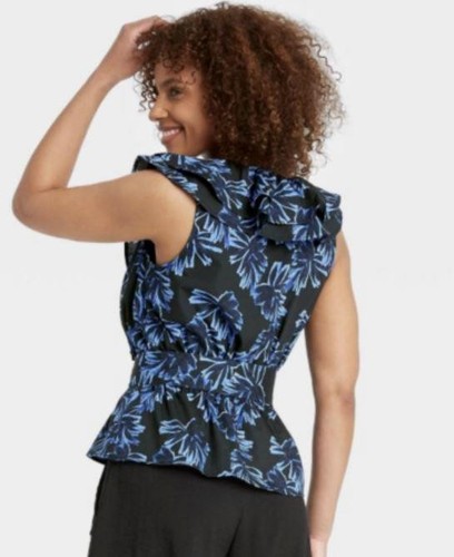 NEW Ruffled Black Floral Sz Large Sleeveless Cotton Belted Shirt WHO WHAT WEAR