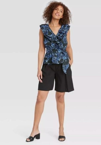 NEW Ruffled Black Floral Sz Large Sleeveless Cotton Belted Shirt WHO WHAT WEAR