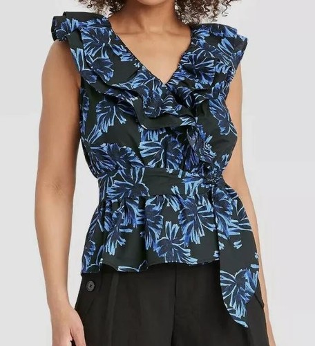 NEW Ruffled Black Floral Sz Large Sleeveless Cotton Belted Shirt WHO WHAT WEAR