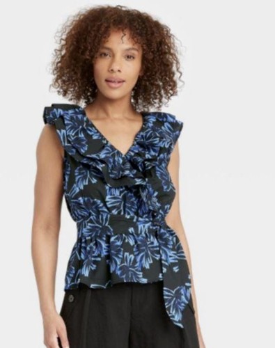 NEW Ruffled Black Floral Sz Large Sleeveless Cotton Belted Shirt WHO WHAT WEAR